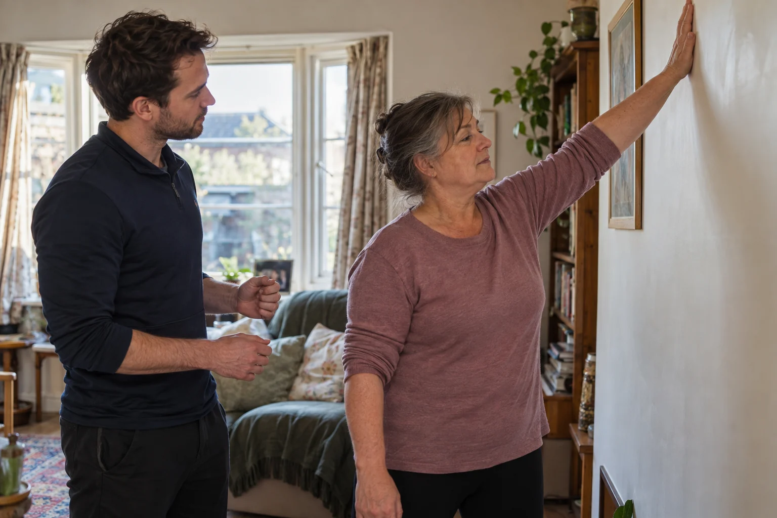 Person practising a supported shoulder movement at home with a physiotherapist