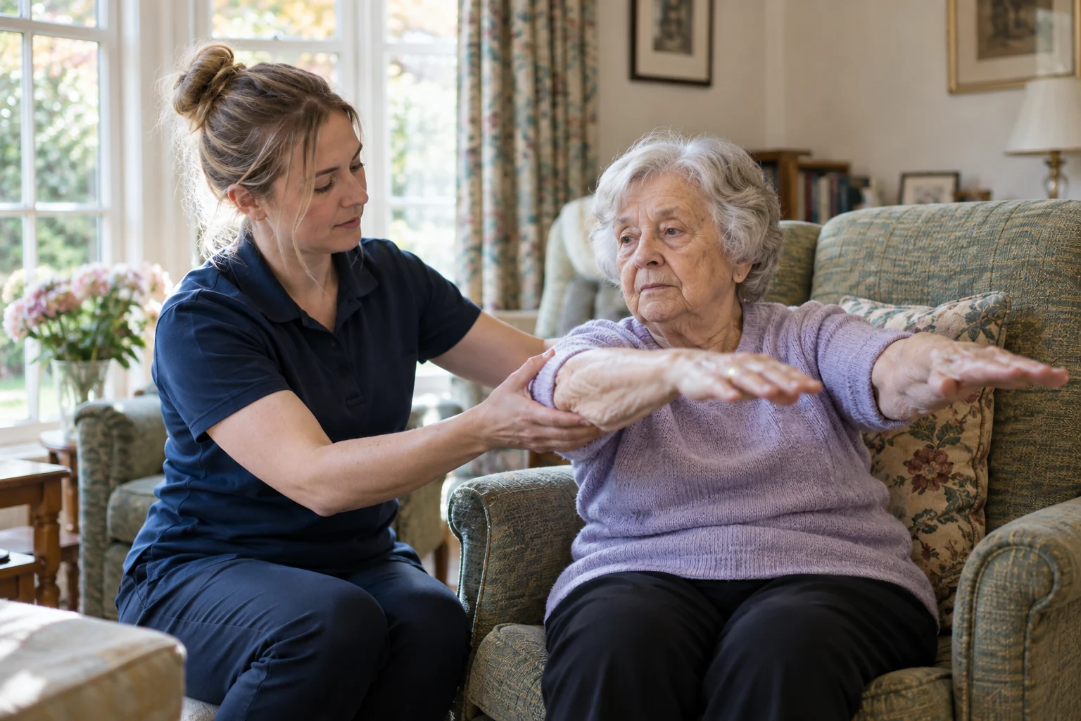 Physiotherapist guiding an older resident through seated arm movement in a care home