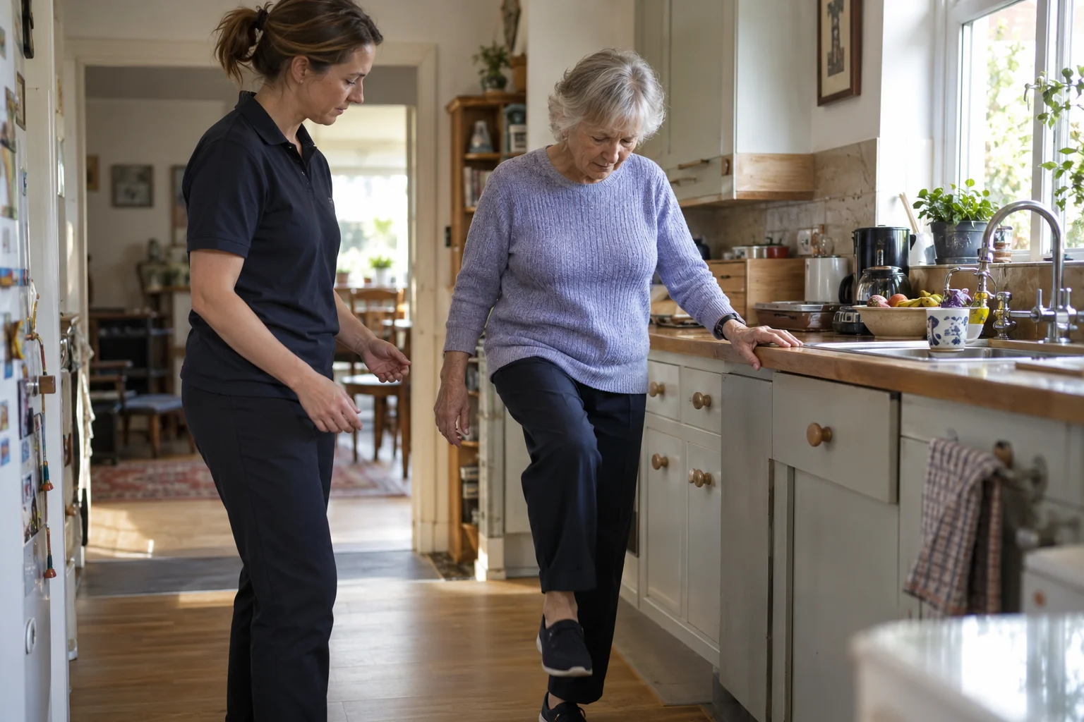 Older adult practising supported balance beside a kitchen worktop