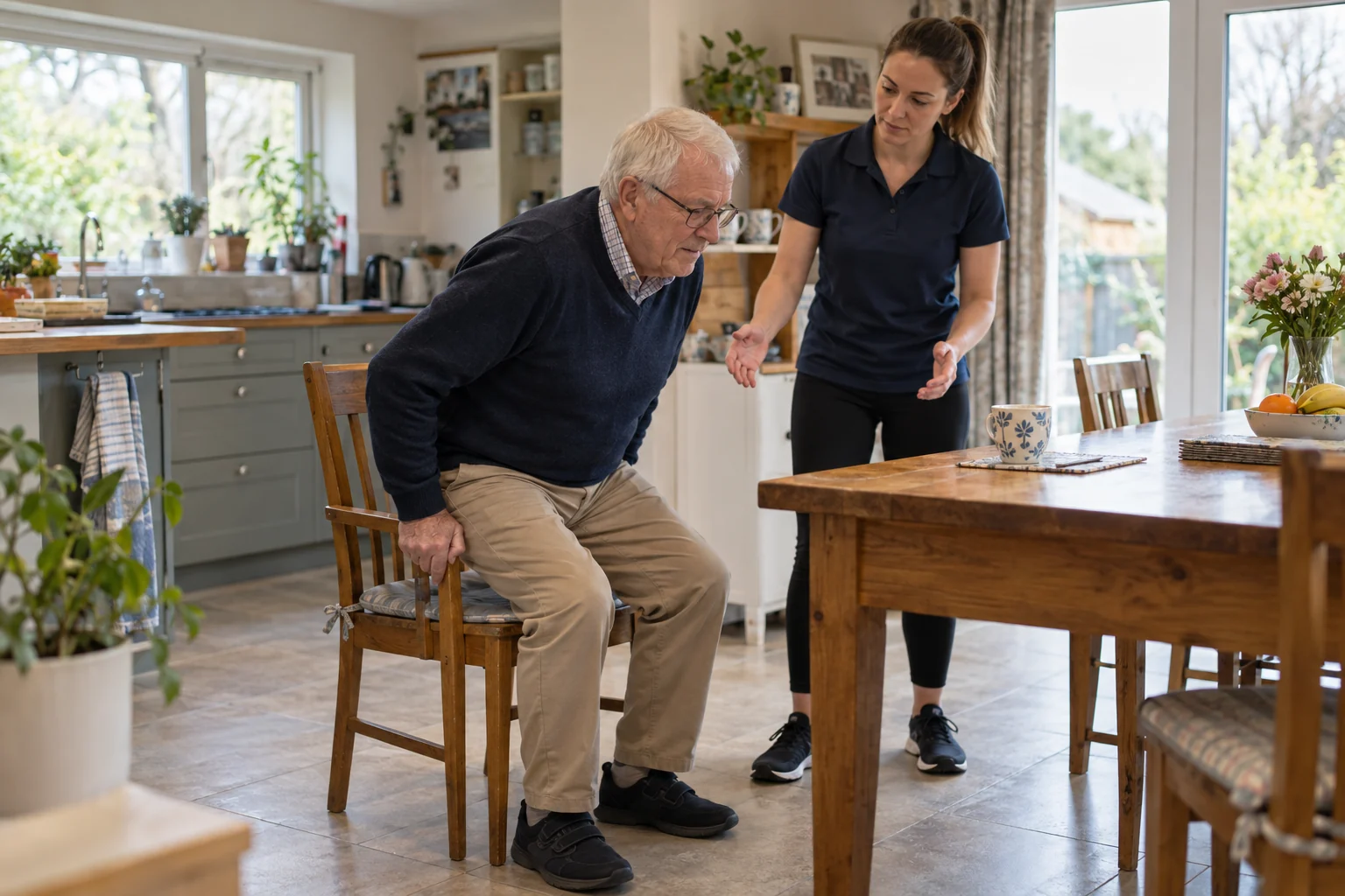 Older adult practising a sit-to-stand exercise with a physiotherapist nearby