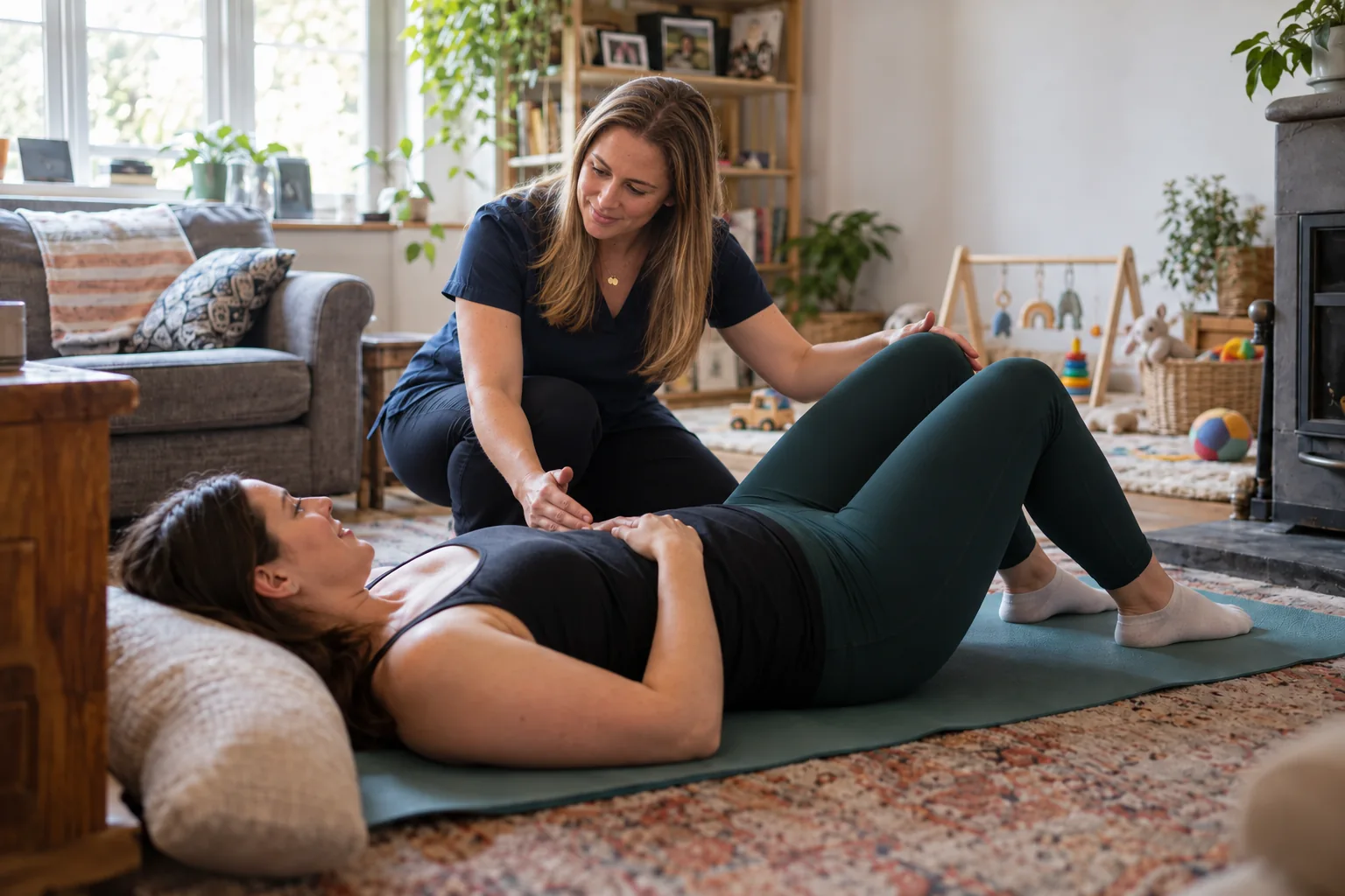 Katie in a navy tunic guiding a postnatal woman on an exercise mat beside a baby play area at home